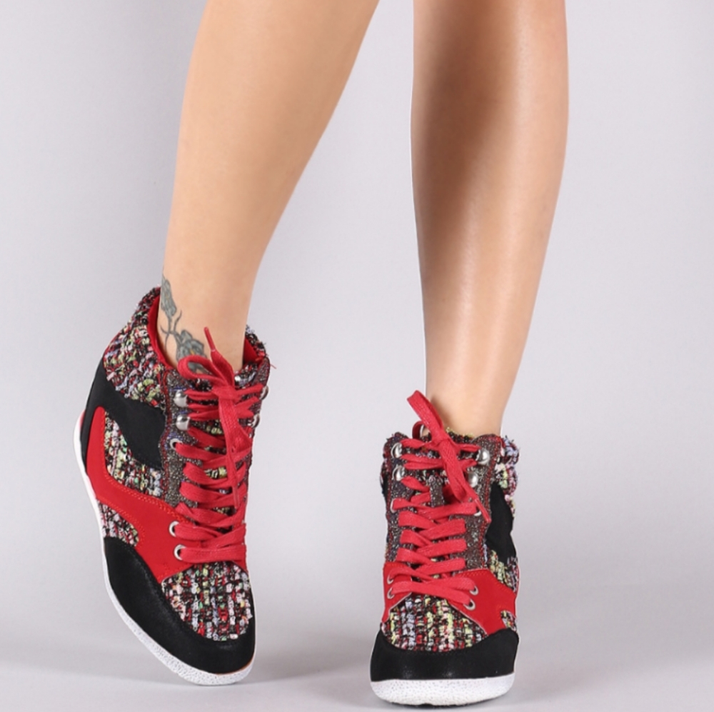 Cherry Red Metallic Tweed Boucle Hi-Top Hidden Wedge Platform Sneaker Shoes 36/6